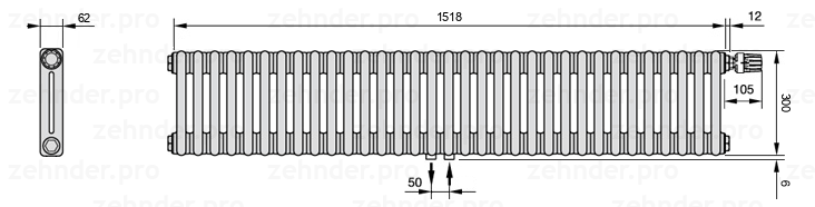 Схема (чертеж) Радиатор Zehnder Charleston 2030/33 №V008 Белый глянцевый RAL 9016